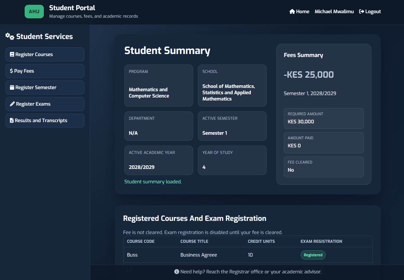 University Management System student portal screenshot