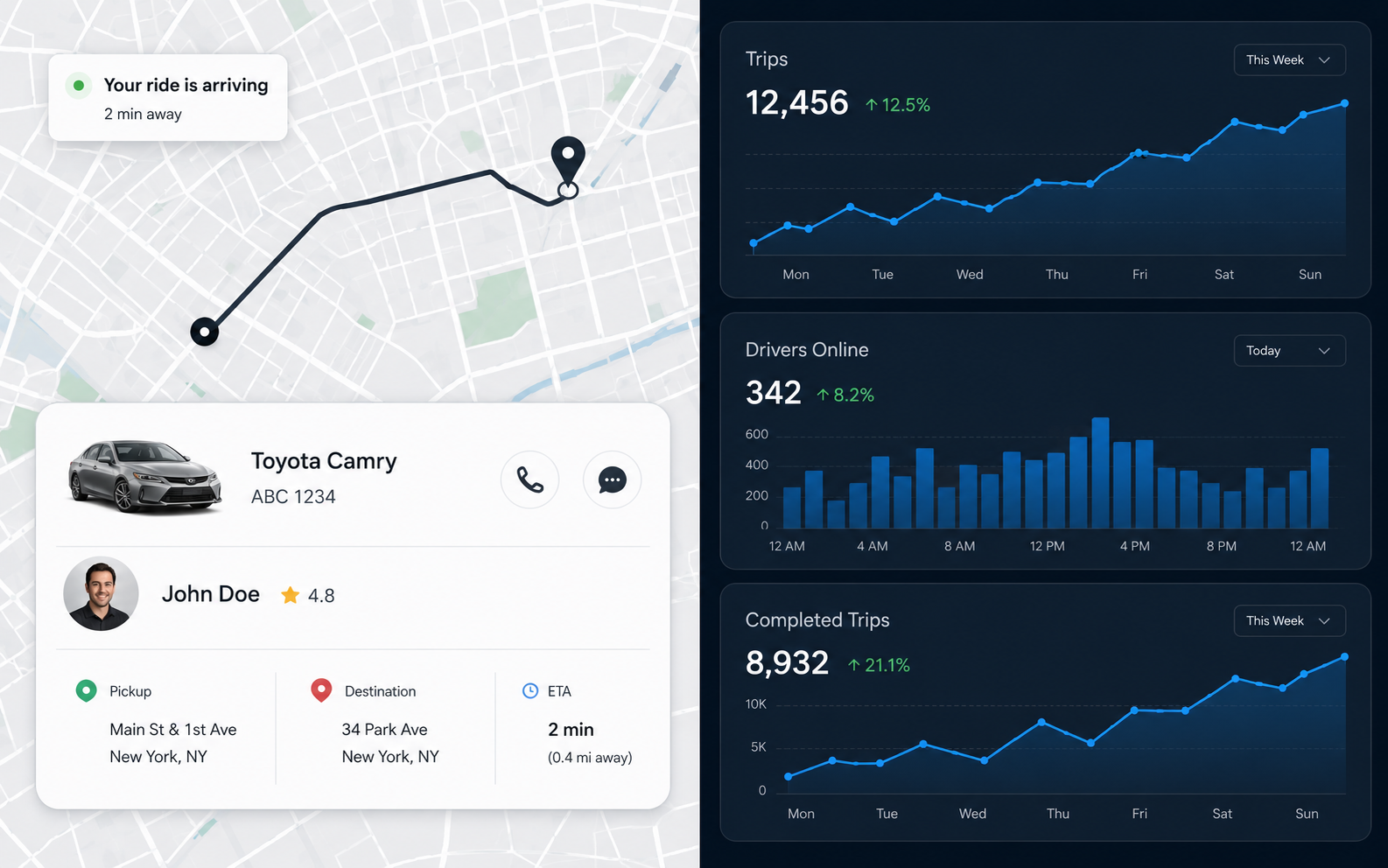 Ride hailing dashboard preview